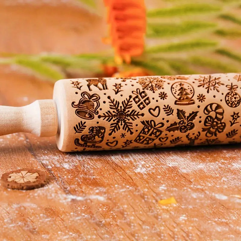 Christmas Embossed Wooden Rolling Pin 16.5cm Baking Pleasures