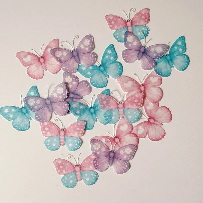 Edible Wafer Cake Cupcake Topper | Pastel Flutters Butterflies - Set of 24