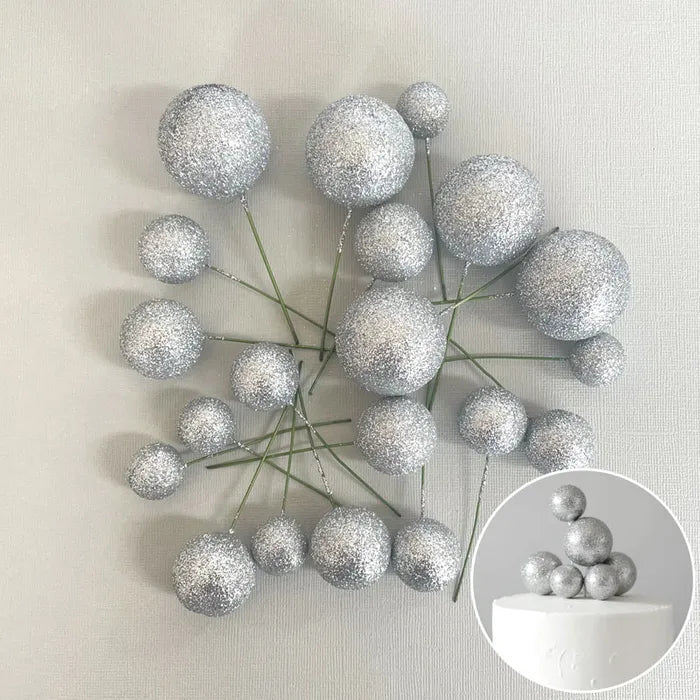 Glitter Silver Deco Foam Ball Round Cake Topper (20 piece)