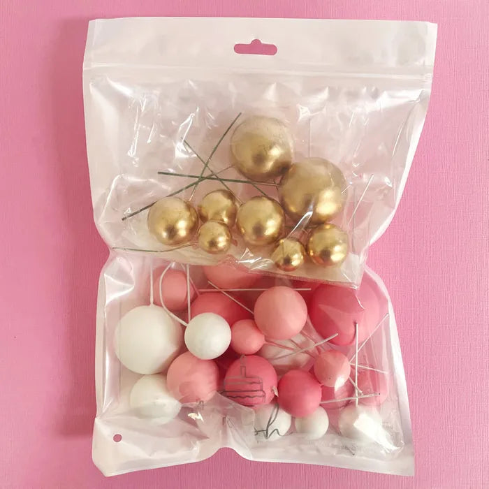 Pink, White & Gold Deco Foam Ball Round Cake Topper (32 piece)