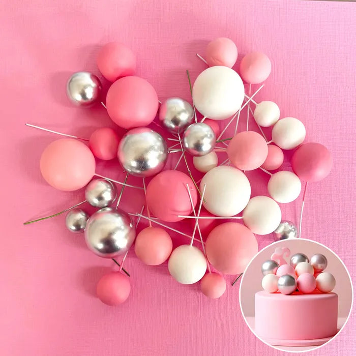 Pink, White & Silver Deco Foam Ball Round Cake Topper (32 piece)