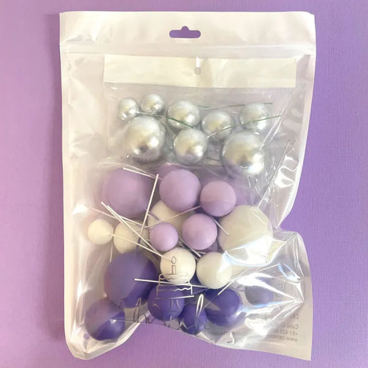 Purple, White & Silver Deco Foam Ball Round Cake Topper (32 piece)