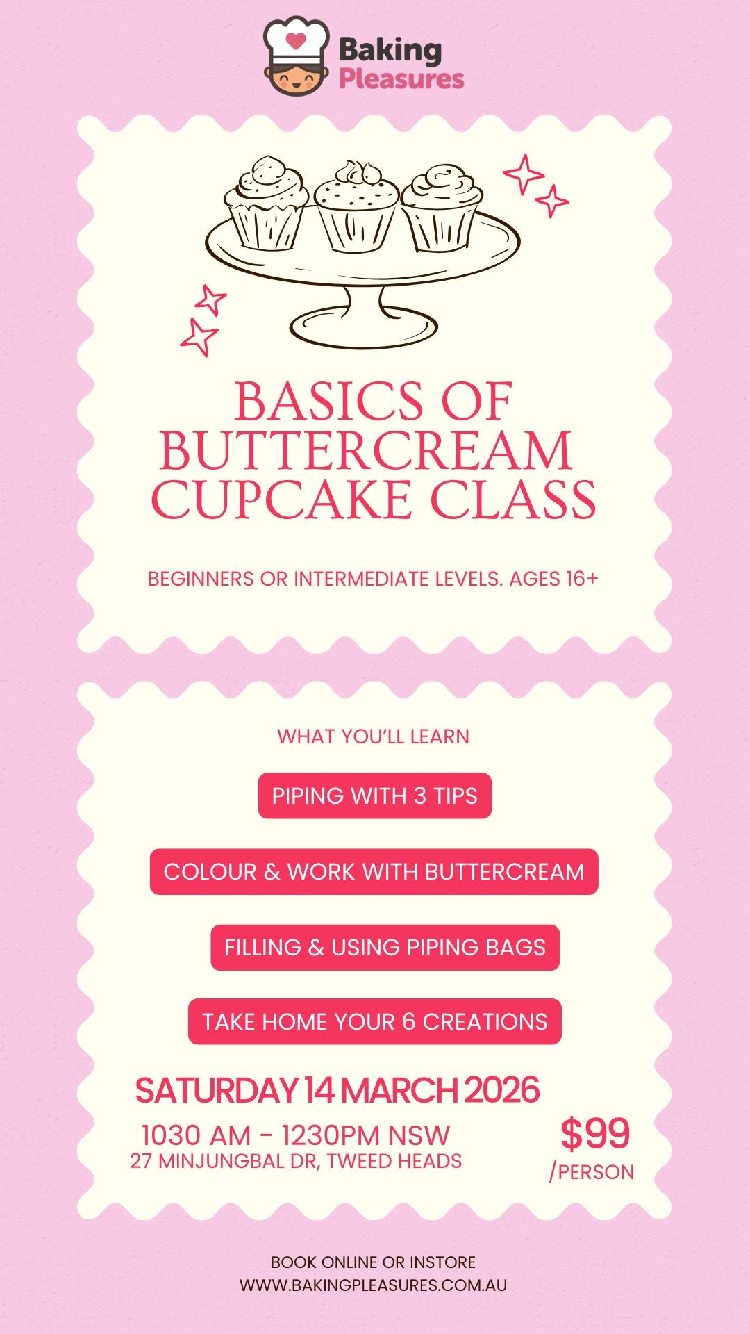 Basics of Buttercream Cupcake Decorating Class - Saturday 14 March 2026