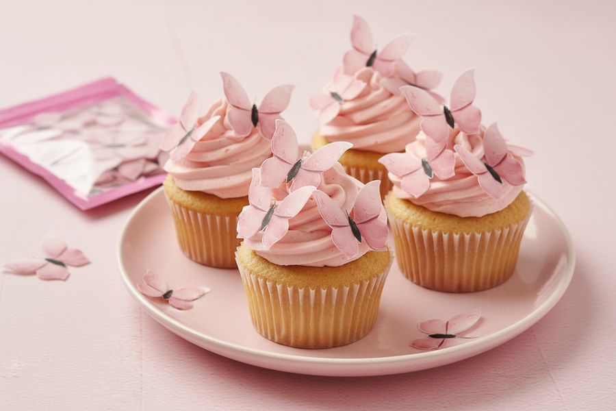 Edible Wafer Cake Cupcake Topper | Vintage Pink Butterflies - Set of 24