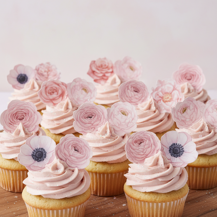 Edible Wafer Cake Cupcake Topper | Wafer Paper Signature Blush Florals Flowers - Set of 24