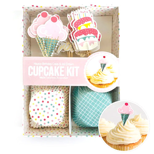 Ice Cream Birthday Cupcake Baking Cups & Picks Kit