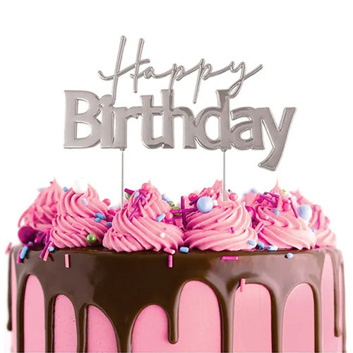 Happy Birthday Silver Metal Cake Topper