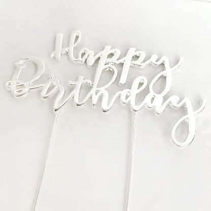 Happy Birthday Silver Metal Cake Topper