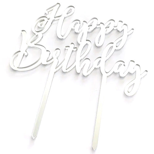 Happy Birthday D2 Silver Acrylic Cake Topper (17.5cm x 12.5cm)