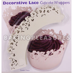 Lace Cupcake Wrapper Flowers Ivory 12pcs