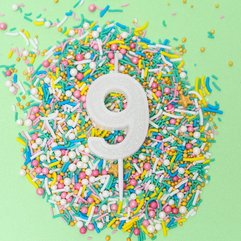 Mini Glitter Candle WHITE - Number 9