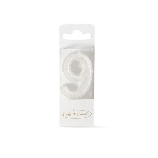 Mini Glitter Candle WHITE - Number 9