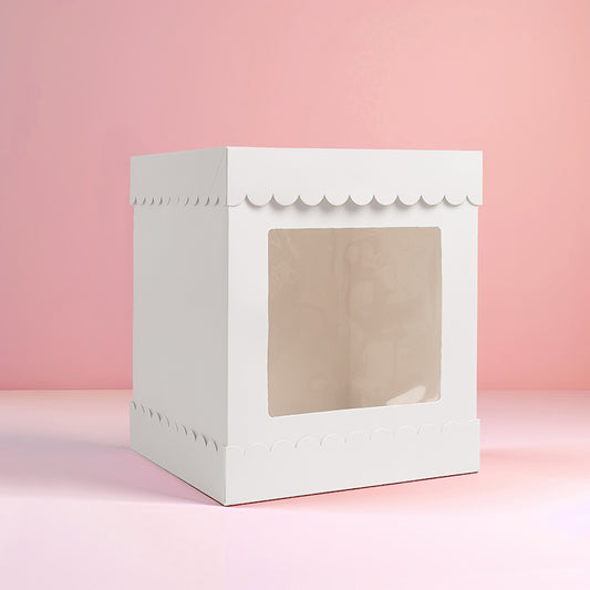Papyrus Square Scalloped Tall Cake Box  White (10 x 10 x 12 inch)