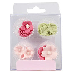 Pink Flowers & Leaves Edible Cupcake Toppers 16pcs