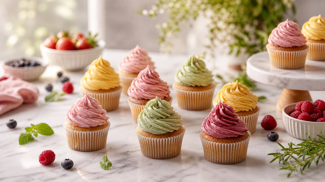 Cupcakes iced with pastel naturally coloured buttercream in pink, sage and marigold