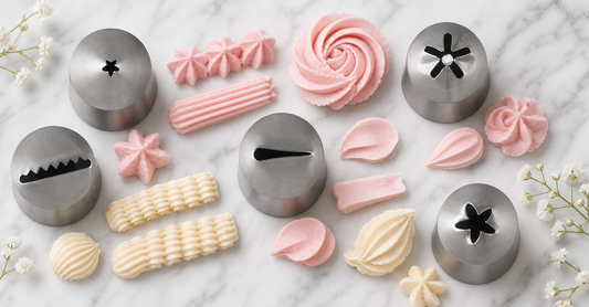 A flat-lay of stainless steel piping tips surrounded by pastel buttercream designs including rosettes, stars, leaves and drop flowers