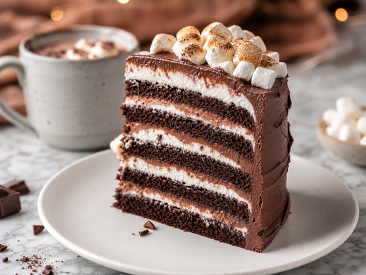 Hot Cocoa Cake with marshmallow buttercream layers made with LorAnn Marshmallow Flavouring