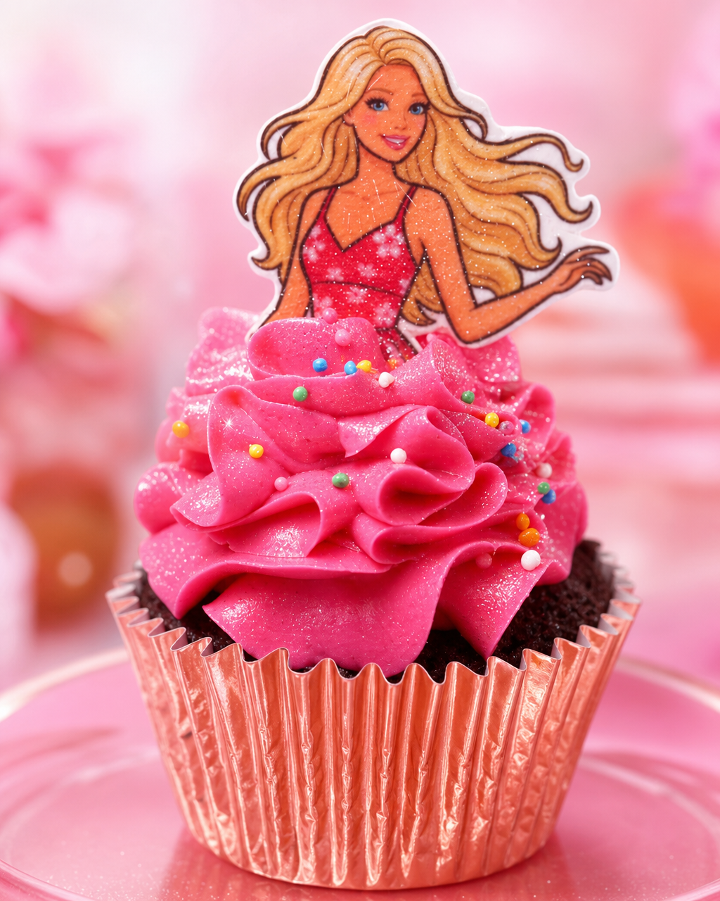 Barbie cupcakes with hot pink buttercream swirl, rose gold foil cup, Barbie wafer card topper and princess sprinkles