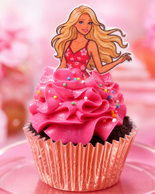 Barbie cupcakes with hot pink buttercream swirl, rose gold foil cup, Barbie wafer card topper and princess sprinkles