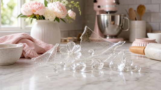 Clear glass-like isomalt gems and sugar decorations on a marble bench