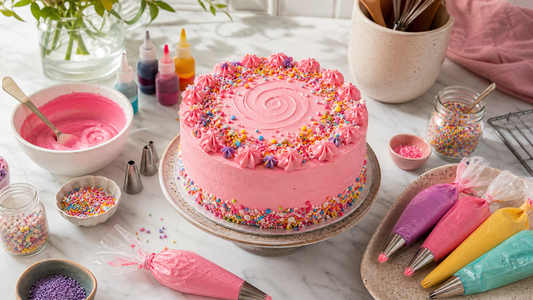 Home baker decorating a cake with piping bags, sprinkles and food colouring on a marble kitchen bench