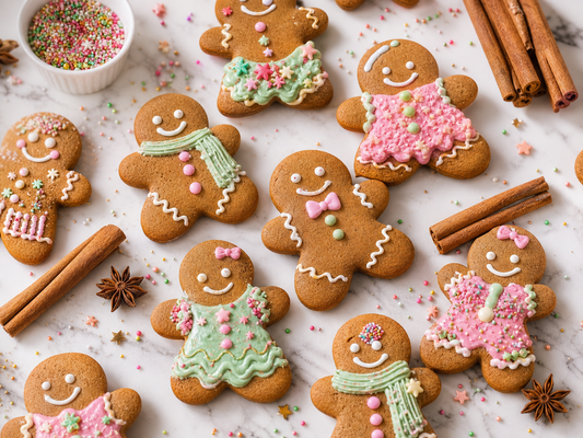 Decorated gingerbread people cookies with cookie butter frosting and colourful sprinkles