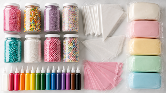 Bulk cake decorating supplies including sprinkle jars, food colouring bottles and piping bags arranged on a white surface
