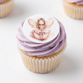 Watercolour fairy edible topper on lavender buttercream cupcake