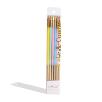 15cm GOLD DOUBLE DIPPED Cake Candles - PASTEL MIX (Pack of 12)