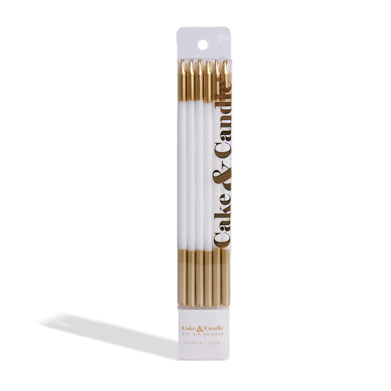 15cm GOLD DOUBLE DIPPED Cake Candles - WHITE (Pack of 12)