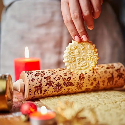 Santa & Sleigh Christmas Embossed Wooden Rolling Pin 16.5cm