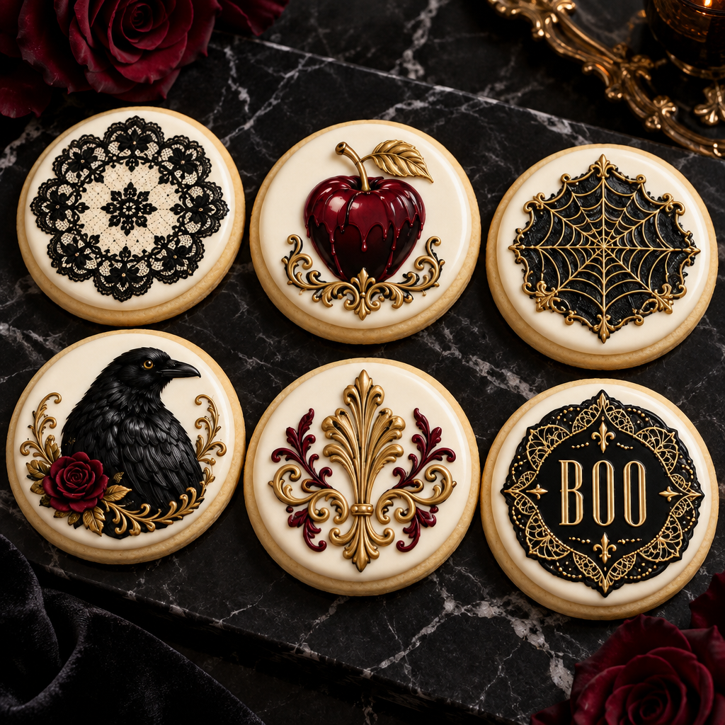 Halloween Gothic Glam edible toppers on sugar cookies black marble
