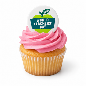 World Teachers' Day edible topper on pink buttercream cupcake