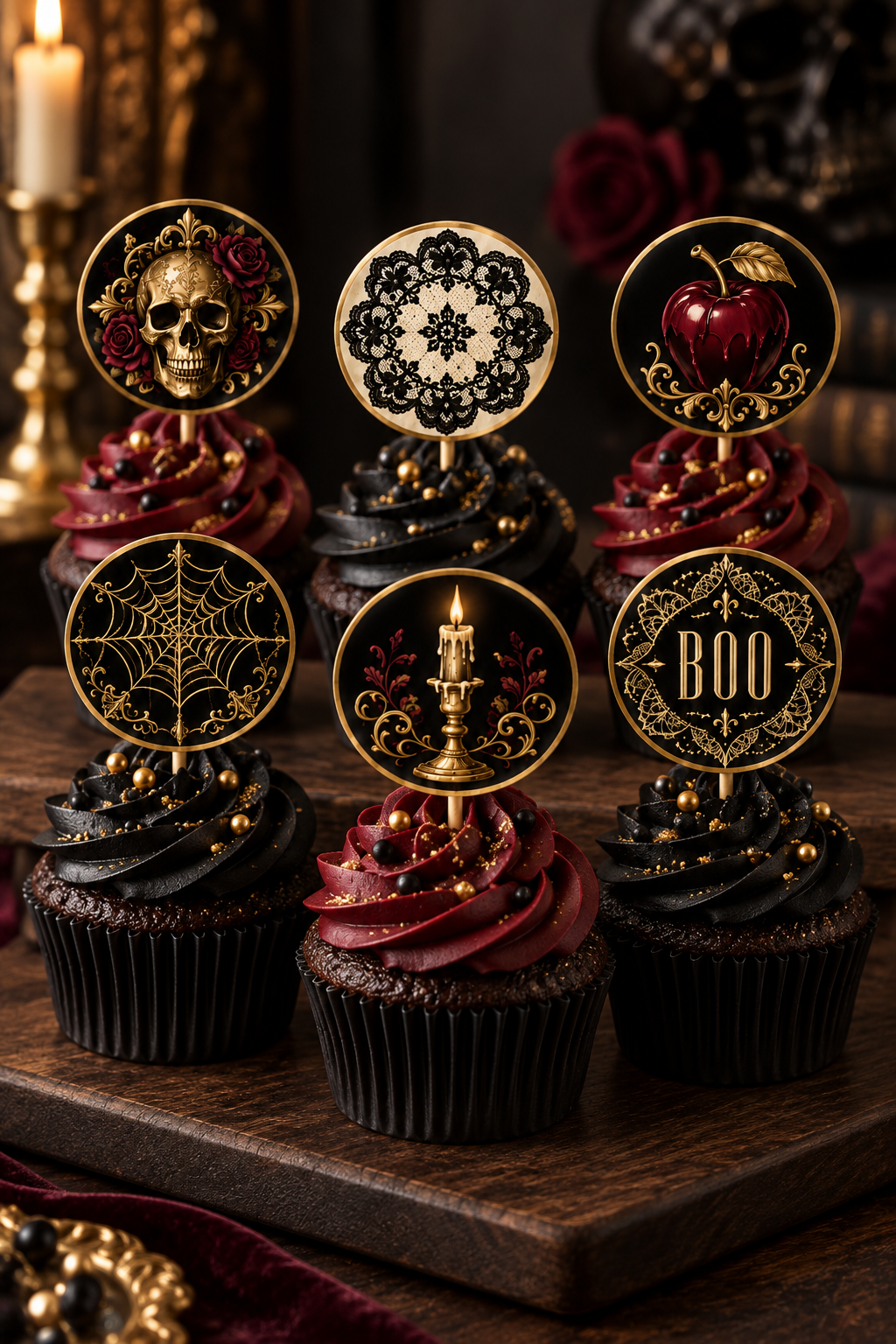 Halloween Gothic Glam cupcake toppers black burgundy board