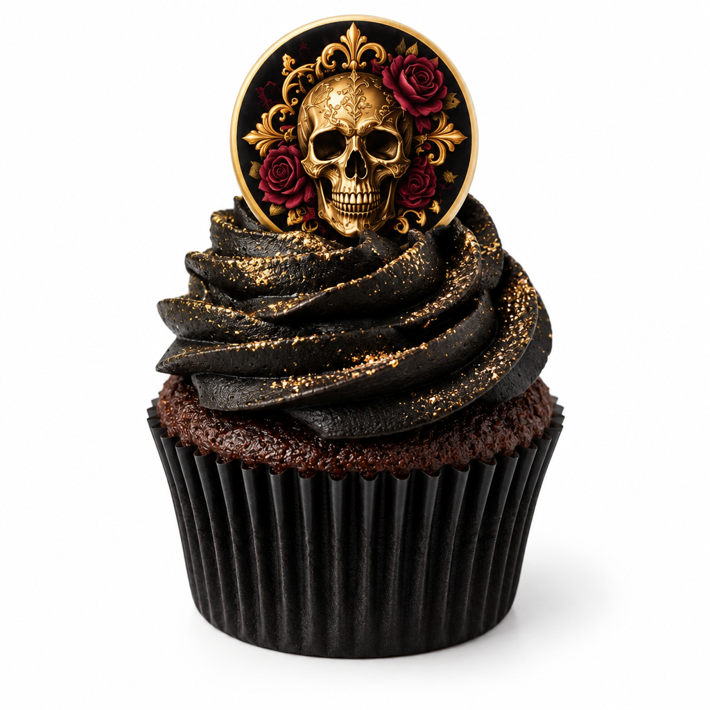 Gothic Glam gold skull rose edible topper on black buttercream cupcake