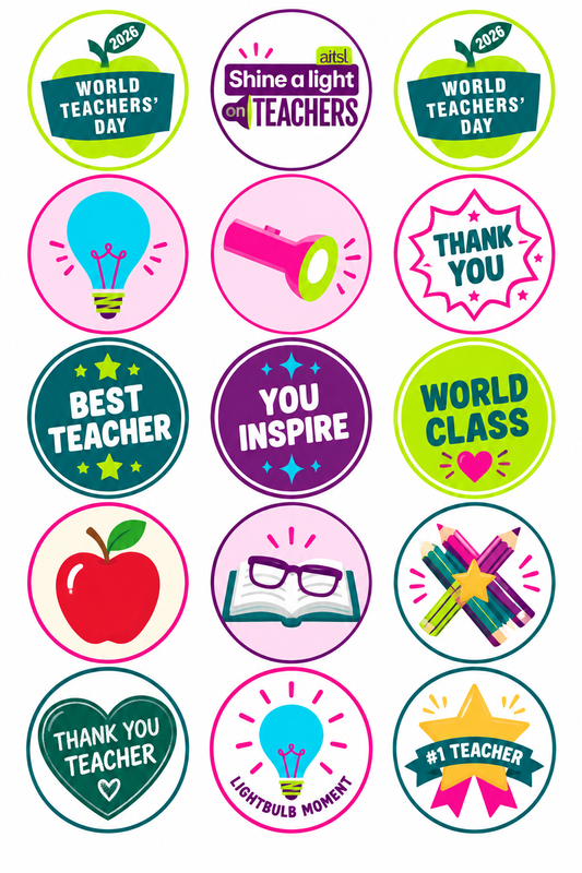 World Teachers Day 2026 Sheet 1 15 edible toppers full sheet uncropped all designs visible