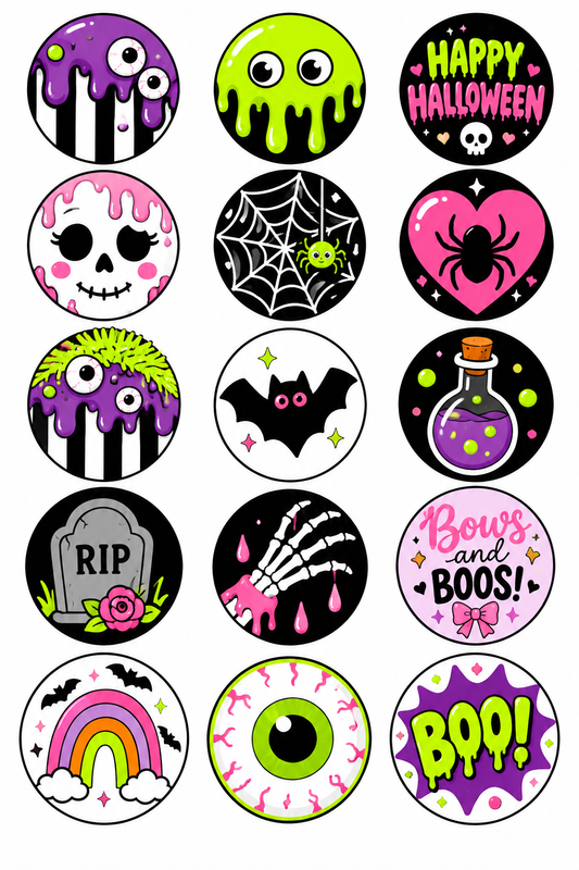 Halloween Neon Colour Mill Style 15 edible toppers full sheet uncropped all designs visible