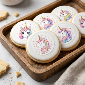 Watercolour unicorn edible toppers on sugar cookies