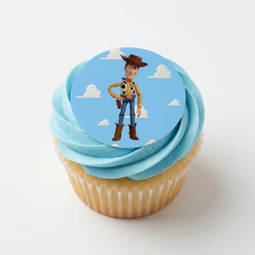 Toy Story Woody edible topper on blue buttercream cupcake