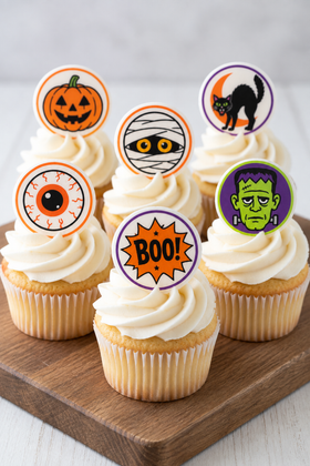 Halloween Classic Spooky cupcake toppers mummy Frankenstein candy eyes on board