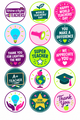 World Teachers' Day 2026 Sheet 2 - 15 edible cupcake cookie toppers A4 print sheet