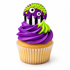 Neon Halloween stripe monster edible topper on purple lime buttercream cupcake