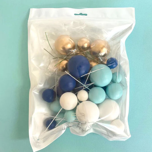 Blue, White & Gold Deco Foam Ball Round Cake Topper (32 piece)