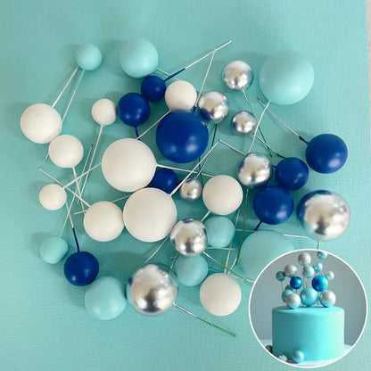 Blue, White & Silver Deco Foam Ball Round Cake Topper (32 piece)