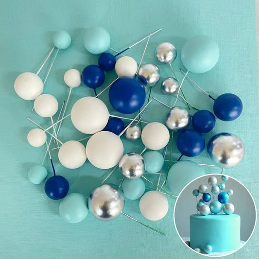 Blue, White & Silver Deco Foam Ball Round Cake Topper (32 piece)