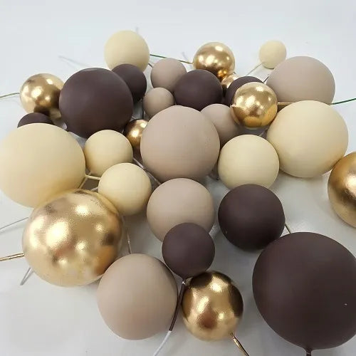 Brown, Cream, Gold Deco Foam Ball Round Cake Topper (32 piece)