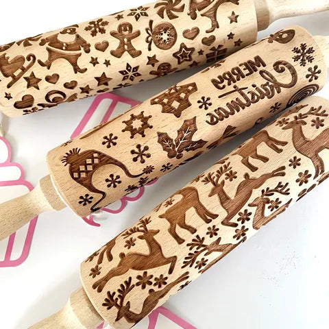 Santa & Sleigh Christmas Embossed Wooden Rolling Pin 16.5cm