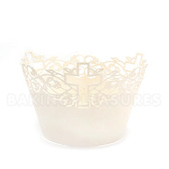 Cross Pearl Ivory Lace Cupcake Wrappers 12pcs