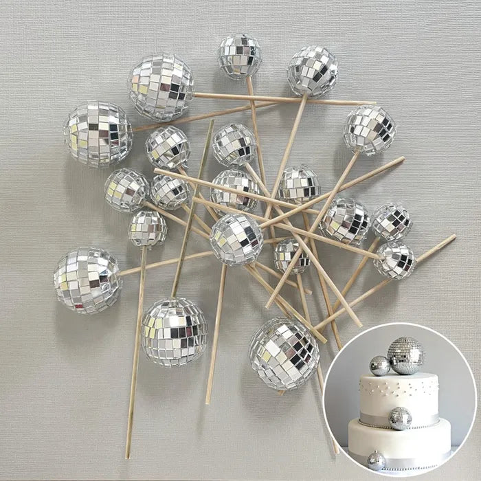 Disco Mirror Silver Deco Foam Ball Round Cake Topper (20 piece)