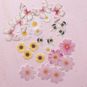 Edible Wafer Cake Cupcake Topper | Spring Flora & Fauna Pinks & Yellows - Set of 24